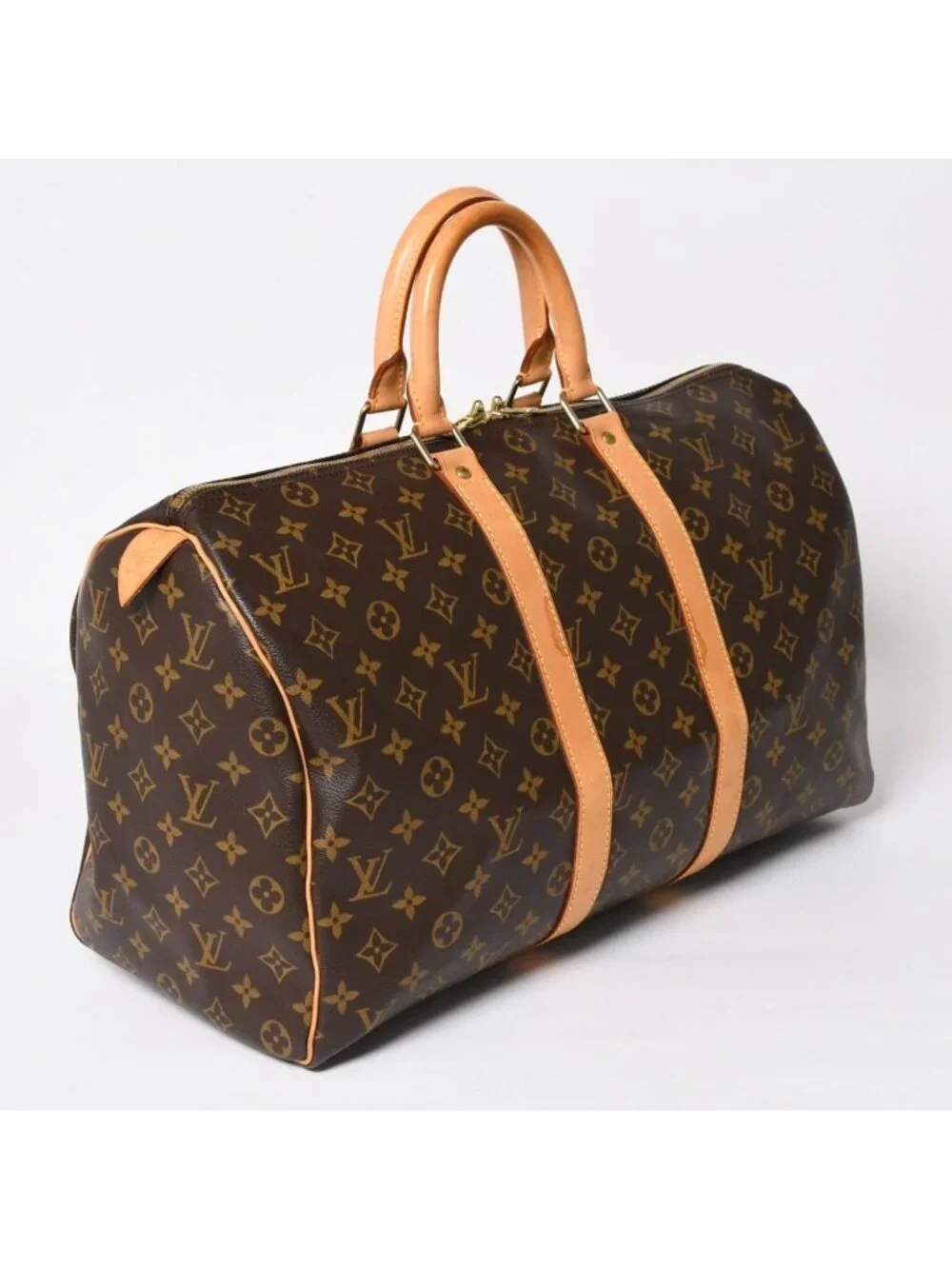 Louis Vuitton Monogram Keepall 45 Boston Bag Canvas Vachetta Leather Brown Gold